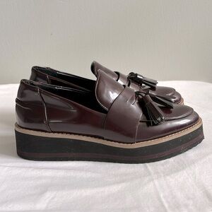 Zara burgundy patent leather tasseled oxford loafers with platform